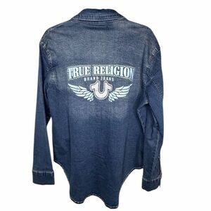 TRUE RELIGION Georgia Denim Glitter Logo‎ Back Shirt Shacket New
